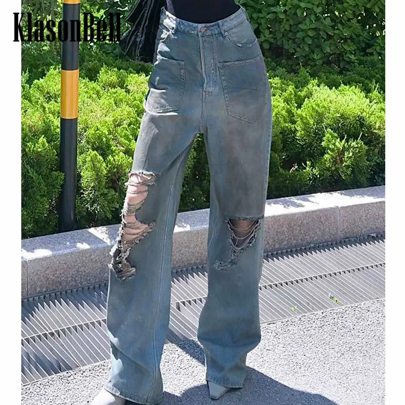 

8.15 KlasonBell Women Street Vintage Distressed Washed Denim Hole Ripped Design Loose Straight Jeans