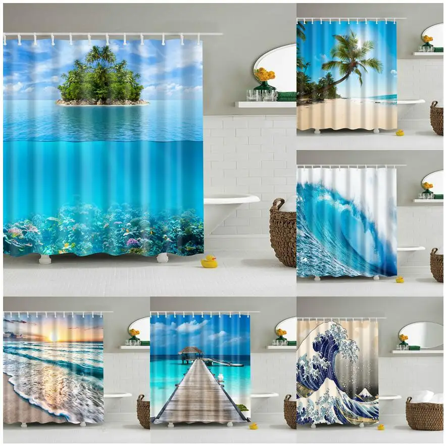 

Seaside Beach Shower Curtains Sea Wave Coconut Tree Washable Bathroom Curtain Fabric Waterproof Polyester Bath Curtain Accessor