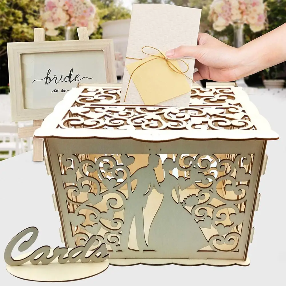 

Wooden Wedding Card Boxes Wedding Decor Supplies DIY Couple Deer Bird Flower Pattern with Lock Envelope Business Card Wooden Box