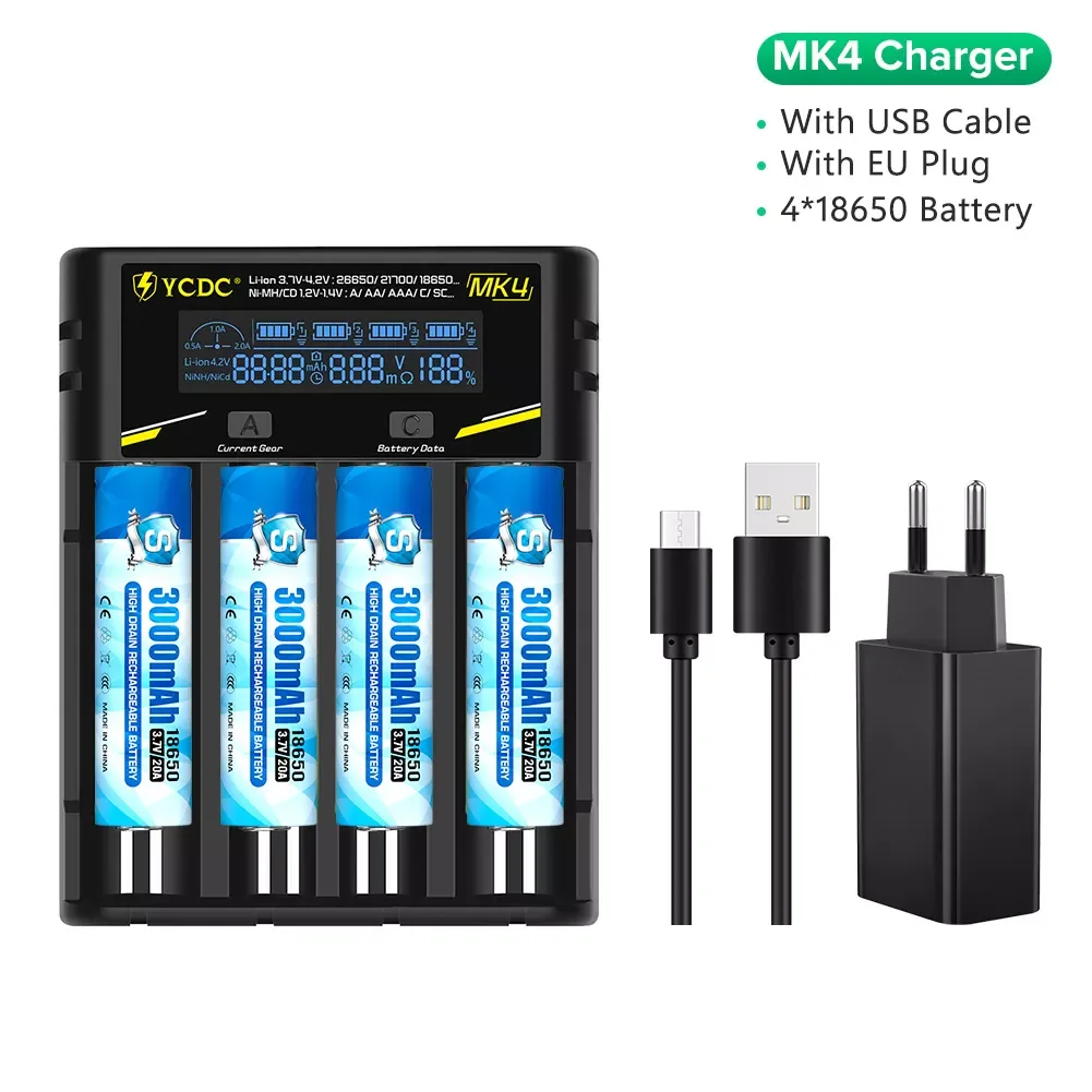

18650 Lithium Batteries Flashlight 18650 Rechargeable Battery 3.7V 3000 Mah Max 20A for Flashlight With USB Battery charger