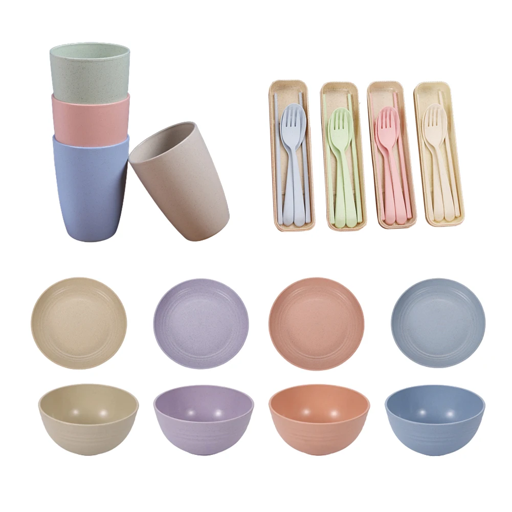 

Wheat Straw Dinnerware Sets Pro-Environment Reusable Lightweight Bowls Cups Plates Knife Fork Spoon Tableware Kitchen Cutlery