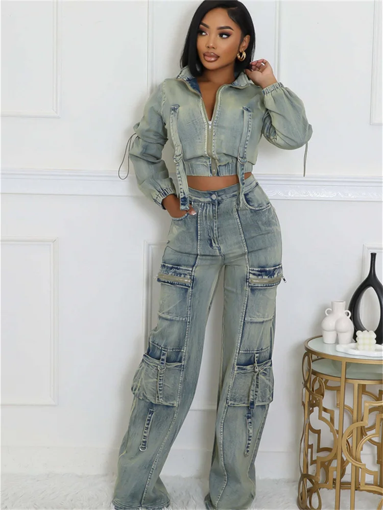 Pant Sets Long Sleeve Women Tracksuits Zipper Denim Coat Cargo Ankle Length Pants Pockets High Street Spliced Baggy 2024