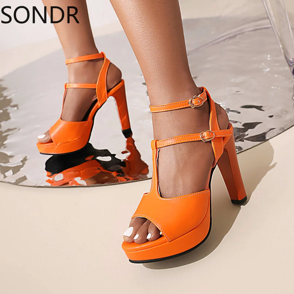 

Womens Round Toe T-straps Sandals Platform Block High Heel Shoes Slingbacks Summer Retro Plus Size 4Colors New 2022
