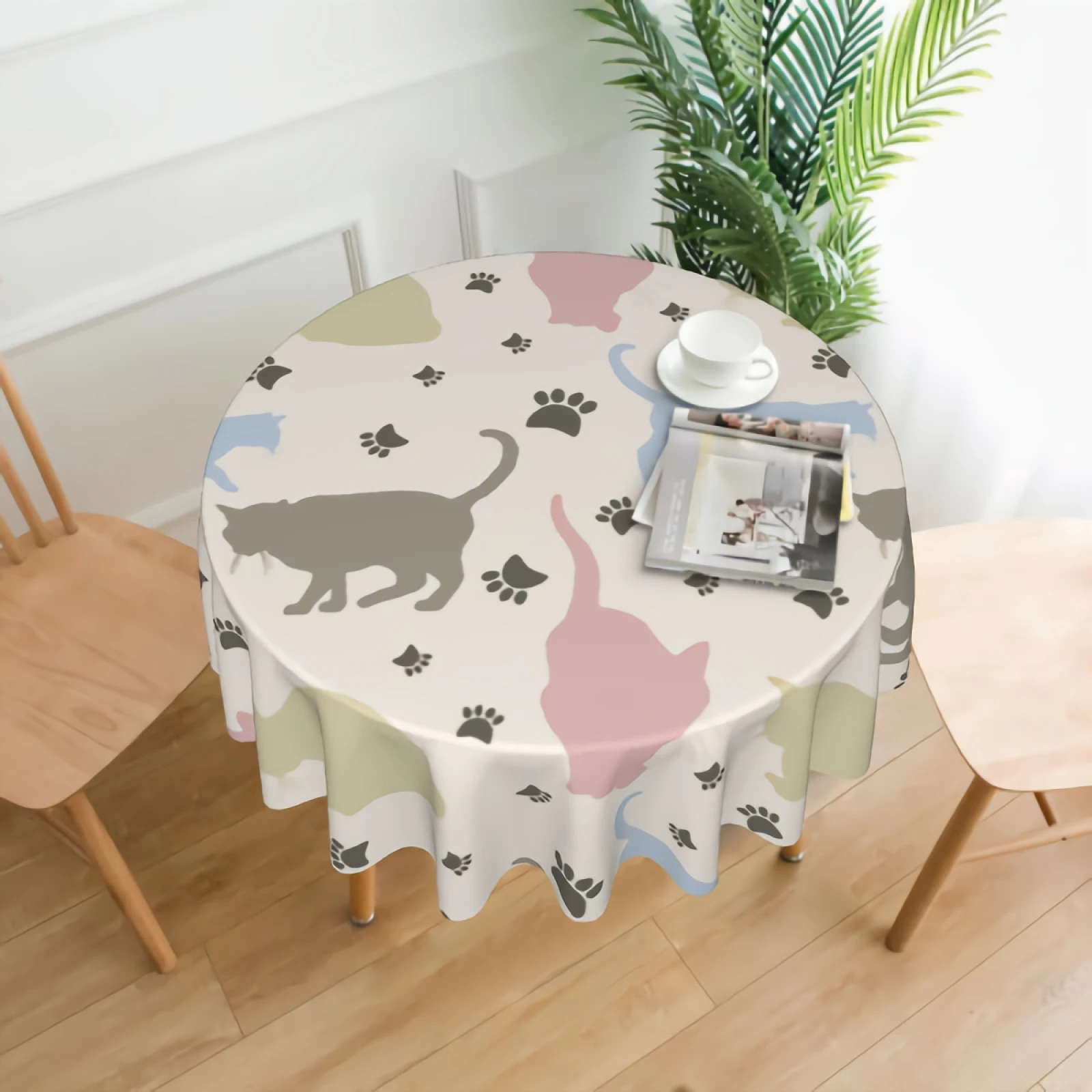 

Stylish Colorful Cats Pattern Background Tablecloth Washable Cute Cartoon Cats With Paws Round Tablecloths Circular Table Cover