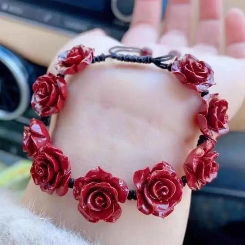 

Customized Natural Red Cinnabar Rose Flower Beads Bracelet Jade Round Hand Weaving Jewellery Fashion Man Woman Luck Amulet New