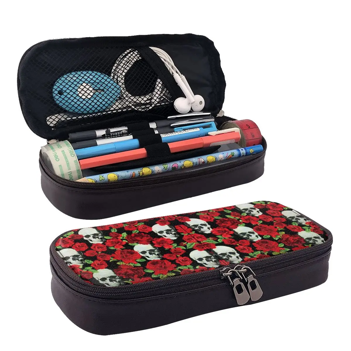

Skull Rose Leather Pencil Case Zipper Pencil Box Stationery Pen Pouch for Boys Girls School Students Work Office