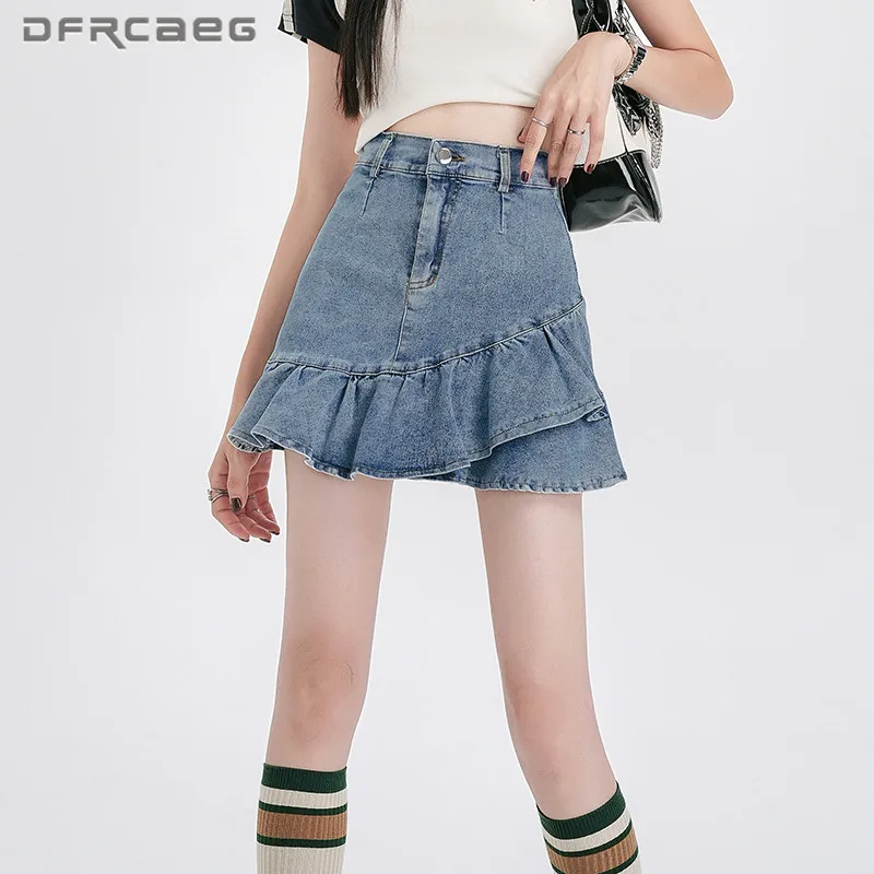 

Женская джинсовая юбка с оборками, черная винтажная Повседневная Облегающая джинсовая юбка с высокой талией в стиле ретро, лето 2023