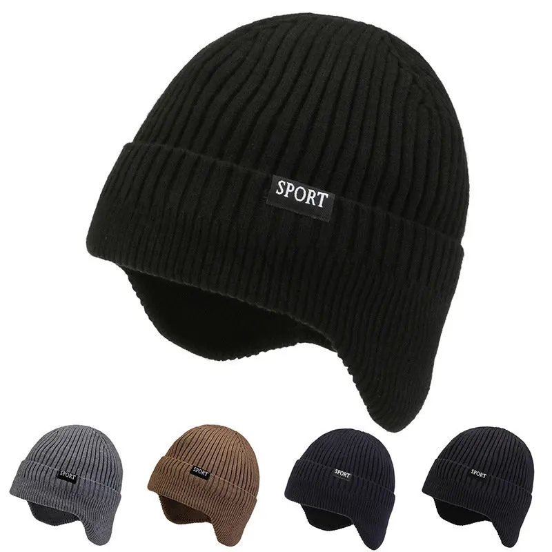 

Knitted Earflap Hats Men Autumn Winter Skullies Beanies Outdoor Sports Warm Hat Windproof Warmer Bonnet Skullcap for Women
