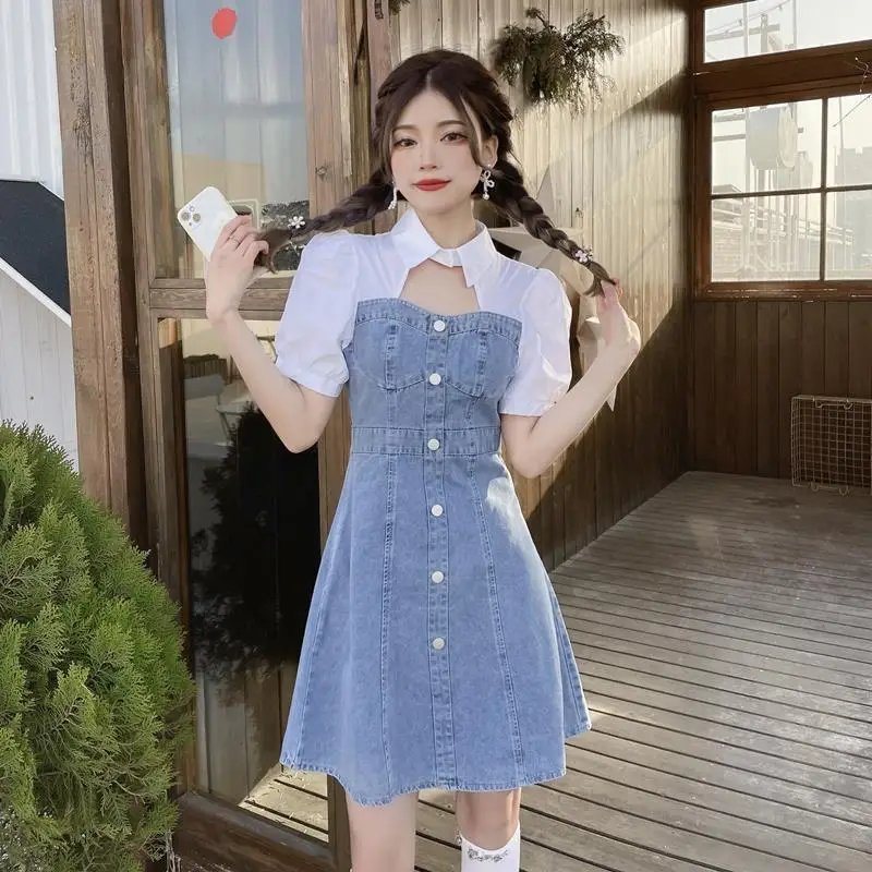 

Women Sweet Patchwork Mini Denim Dresses Girls Hollow Out Puff Sleeve Polo Collar Dresses 2022 Summer Korean Fashion Clothing