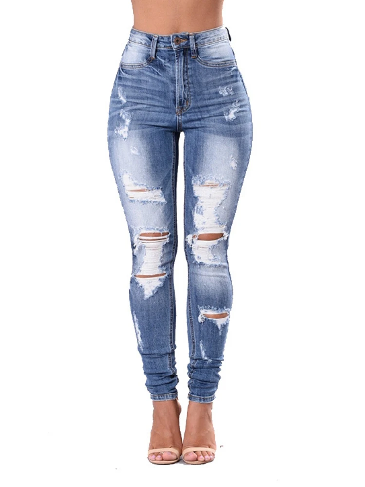 

Узкие джинсы с дырками, облегающие однотонные пикантные брюки-карандаш с высокой талией, высокая эластичность, весна-лето