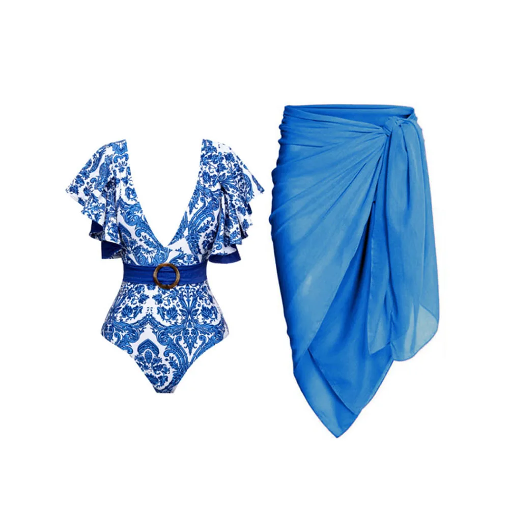 

Ruffle Print One Piece Swimsuit Women's Deep V Bikini Tight Bandage Swimwear Summer Blue Print Beach Bathing Suit Biquini 2023