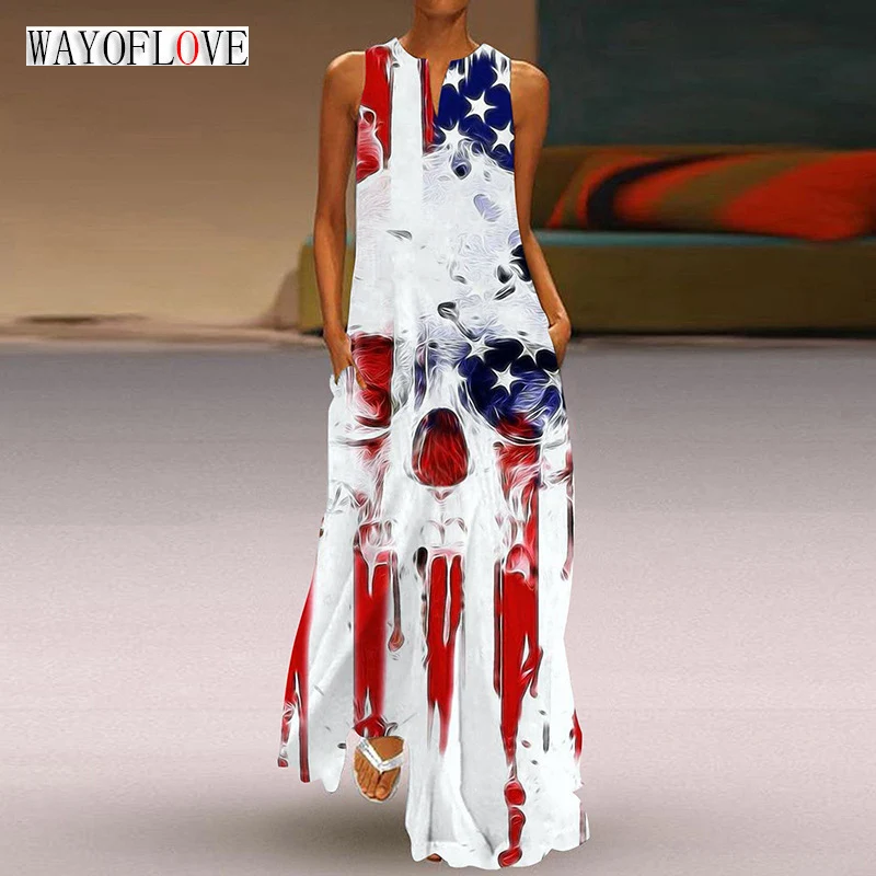 

WAYOFLOVE Ladies Spring Summer White Long Dress Sleeveless V-neck Skull Print Casual Beach Dresses Elegant Boho Maxi Dress Women