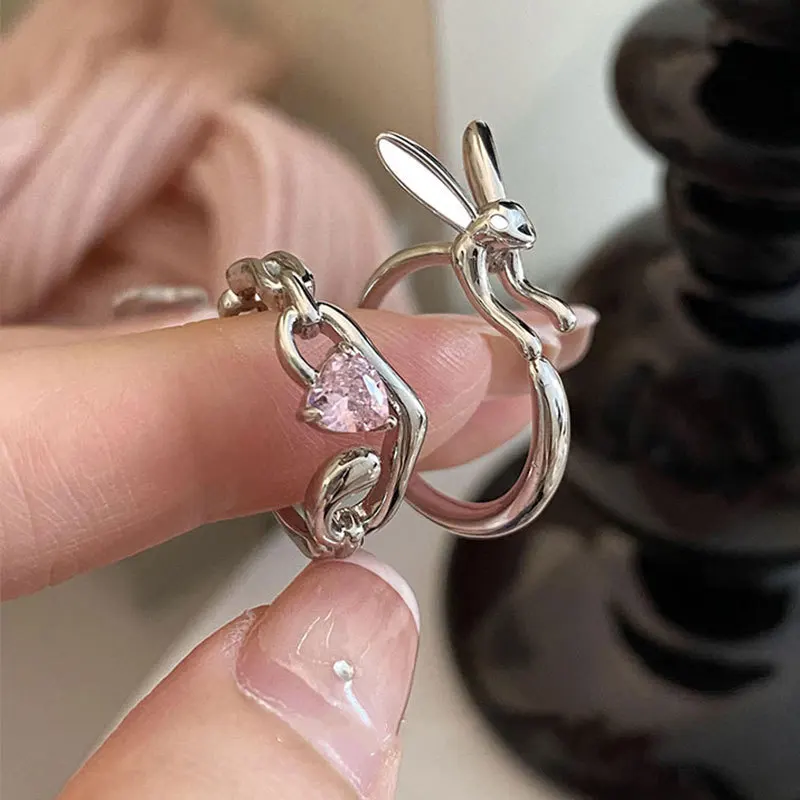 

New Creative Rabbit Heart Ring Women Girl Open Adjustable Sweet Pink Fashion Rabbit Ear Shape Zircon Lovers Couple Rings