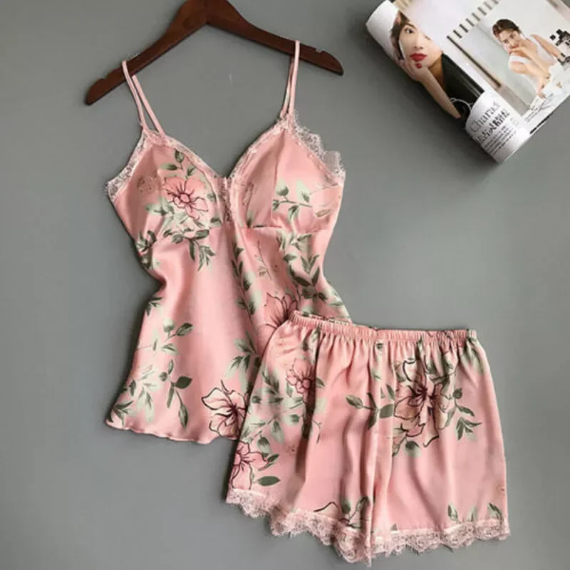 New in Women Silk Satin Lace Robe Crop Tops Shorts Sleepwear Floral Print Lace Babydoll Nightdress Pajamas Set jackets    golf