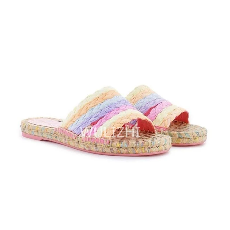 Women Rainbow Colored Woven Slippers Flat Casual Open Espadarille Design Gladiator Pink Graffiti Sandals Summer Fashion Shoes