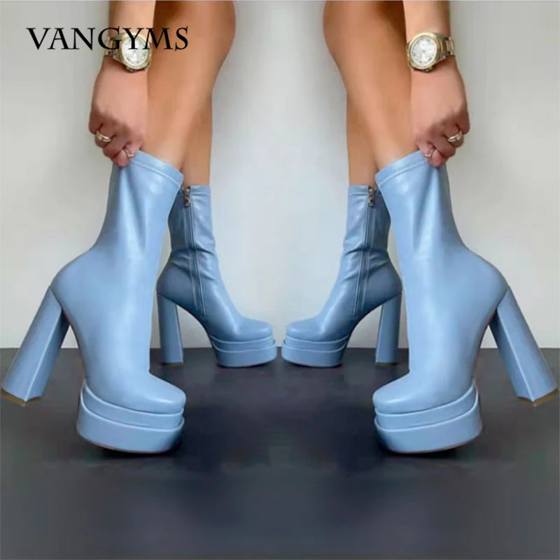 

2022 Sexy Chunky High Heels Ankle Shoes For Women Punk Style Zipper Thick Platform Elasticity Microfiber Boots Sapatos Femininos