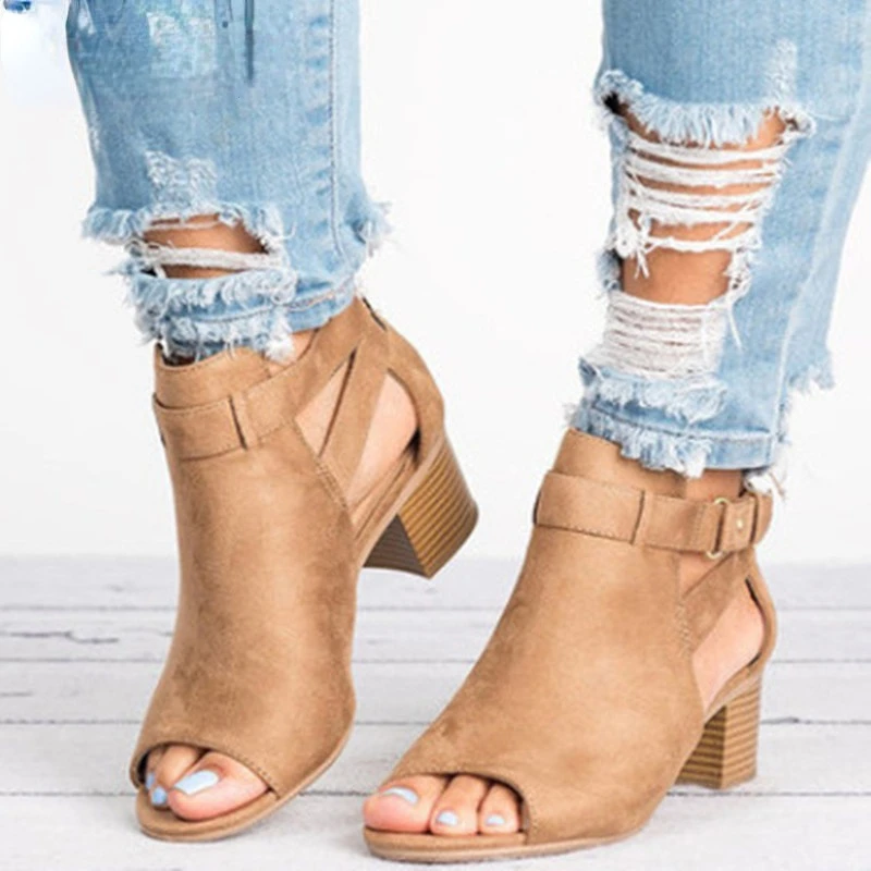 

Woman Sandals 2022 Summer Fashion Gladiator Square Heel Pumps High Heels Buckle Strap Female Solid Color Sandals Plus Size 34-43