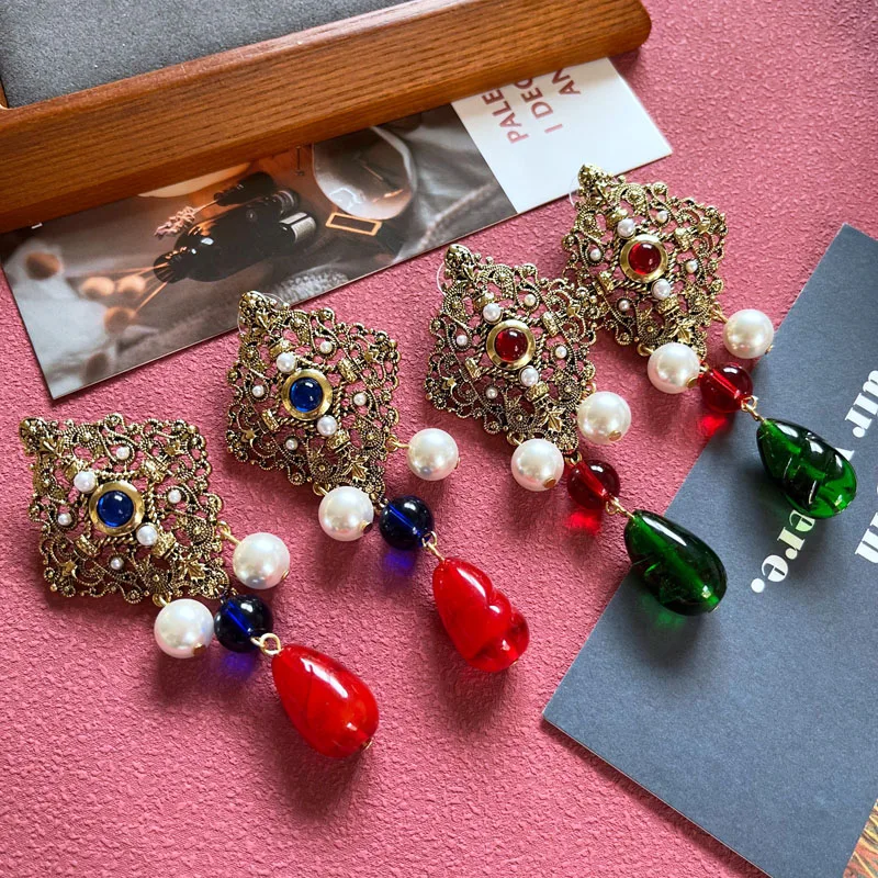

Statement Vintage Earrings Stud Blue Red Beads Charm Glass Pearl Jewelry For Women