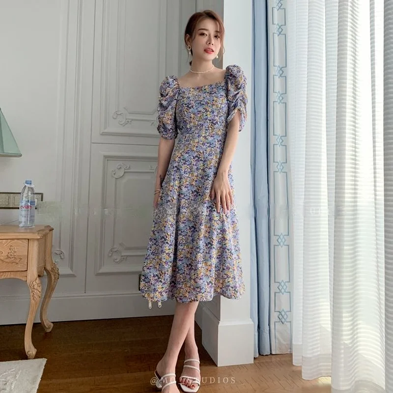 

Dress Women Prairie Chic Sweet Sundress Daily Puff Sleeve Folds Square Collar Elegant Leisure Holiday Simple Retro Lady Ulzzang