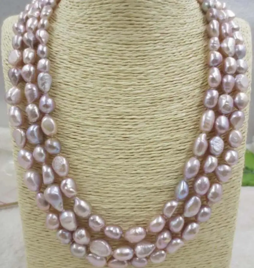 

3 row purple baroque 9-10mm genuine freshwater pearl necklace 50/54/58 cm