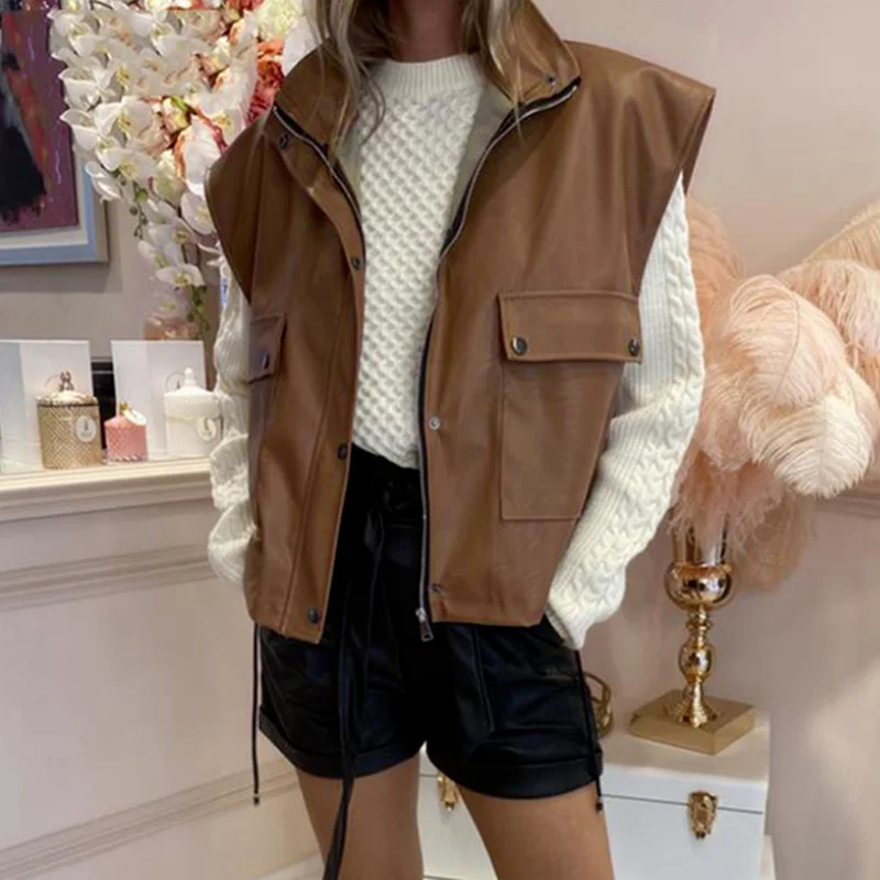 Sleeveless 2021 PU Leather Jacket Vest Women Black Zipper Autumn Winter Khaki Pocket Short Loose Waistcoat Leather Casual Coat