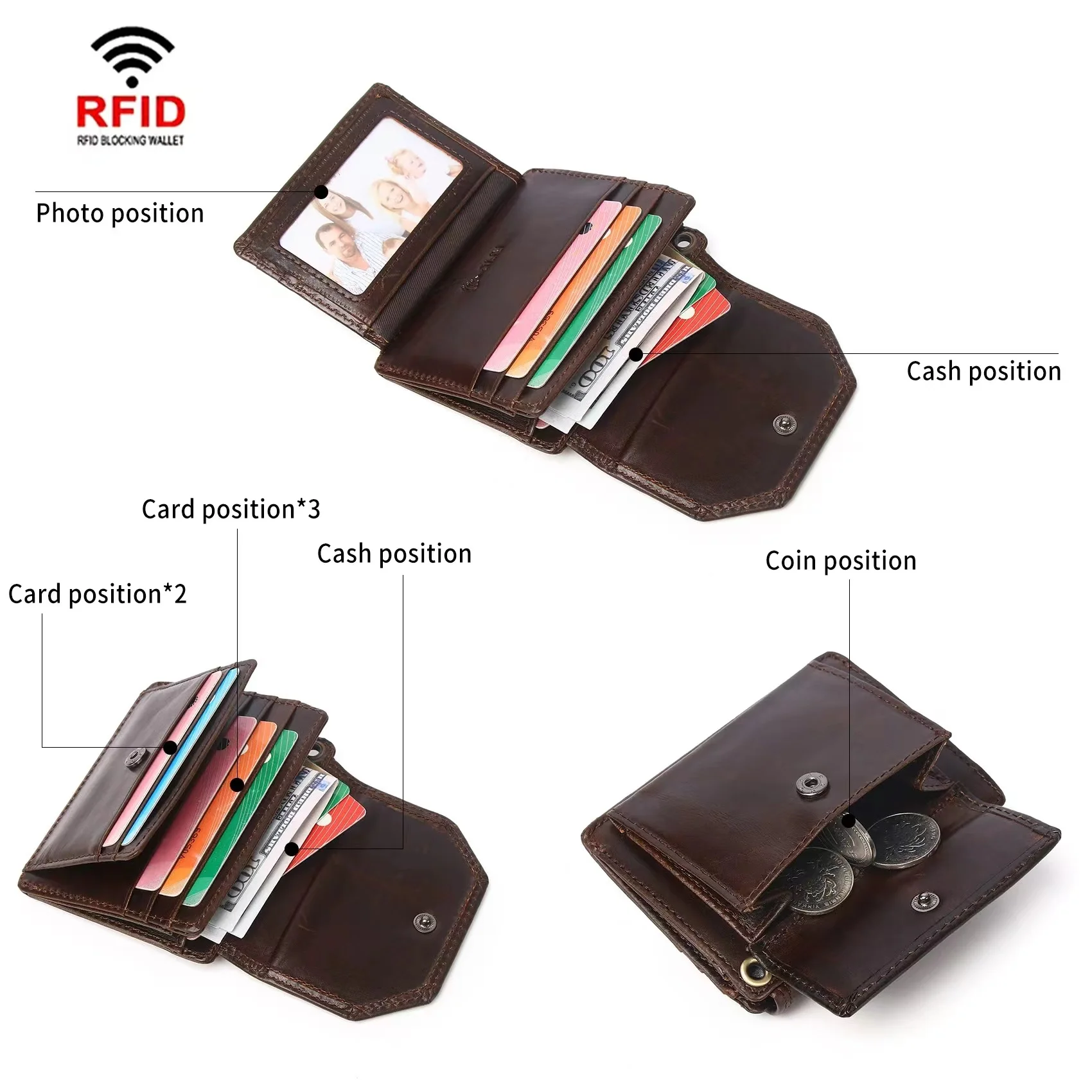 New Solid Color Fashion With Chain Anti Drop Short Multi Card Large Capacity Men's Leather Wallet With RFID Anti-Theft Brush