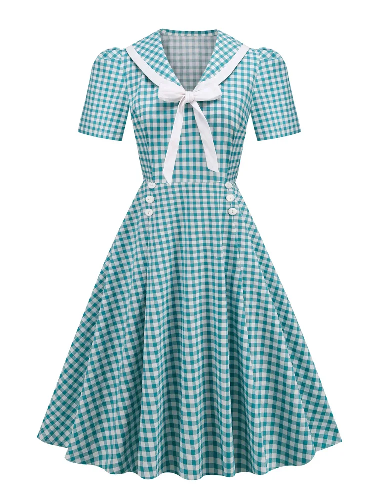 

Summer 1950s Style Casual Women Retro Dresses Elegant Simple Beach Sexy Office Lady plaid Chic Female Vintage Swing Tunic Dress