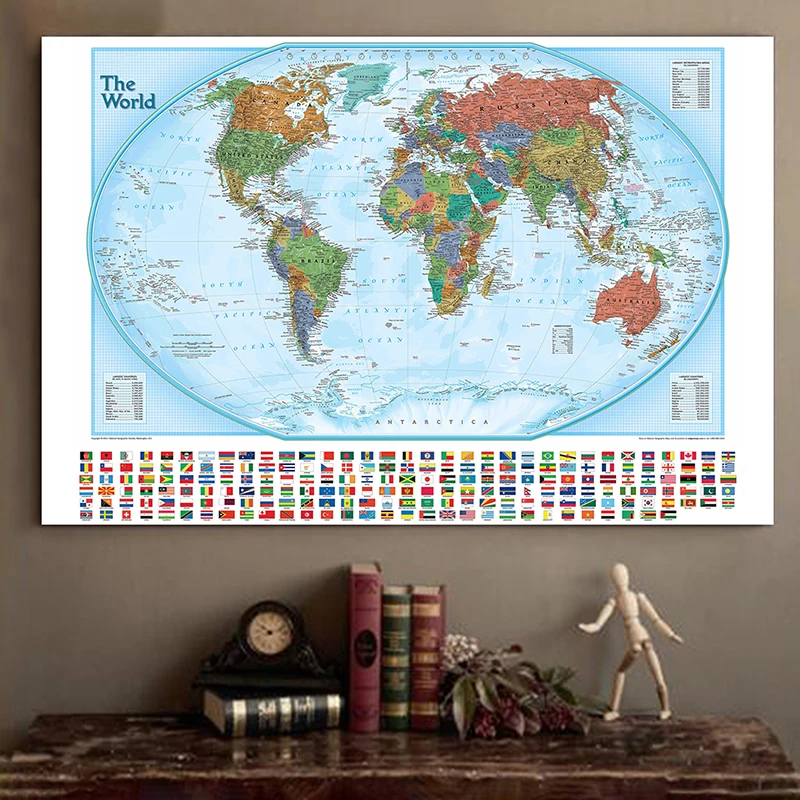 

150x100cm The World Hammer Projection Map With National Flags Non-woven Physical World Map For Culture And Education