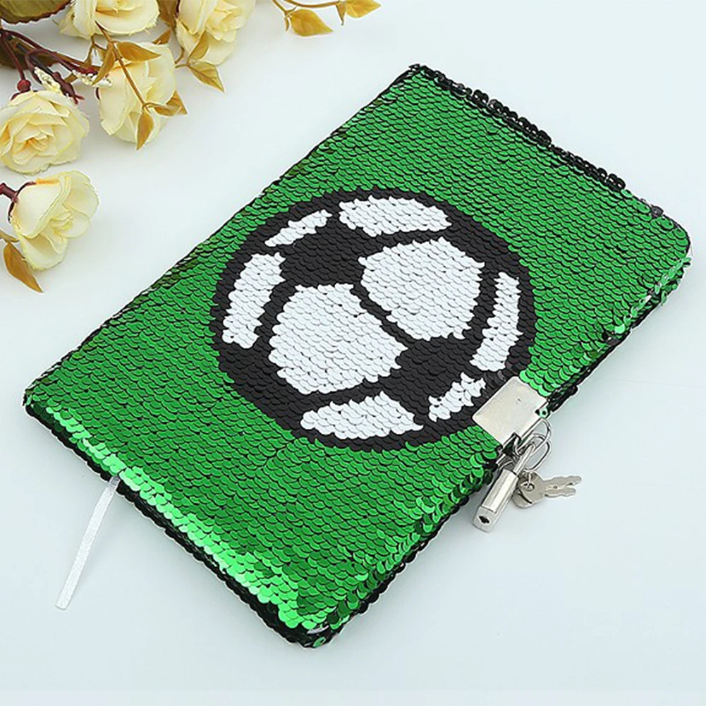 Boy Girl School Travel Diary Fashion Sequin Journal Green Home Office Privacy Football Pattern For Kids With Lock Keys Portable