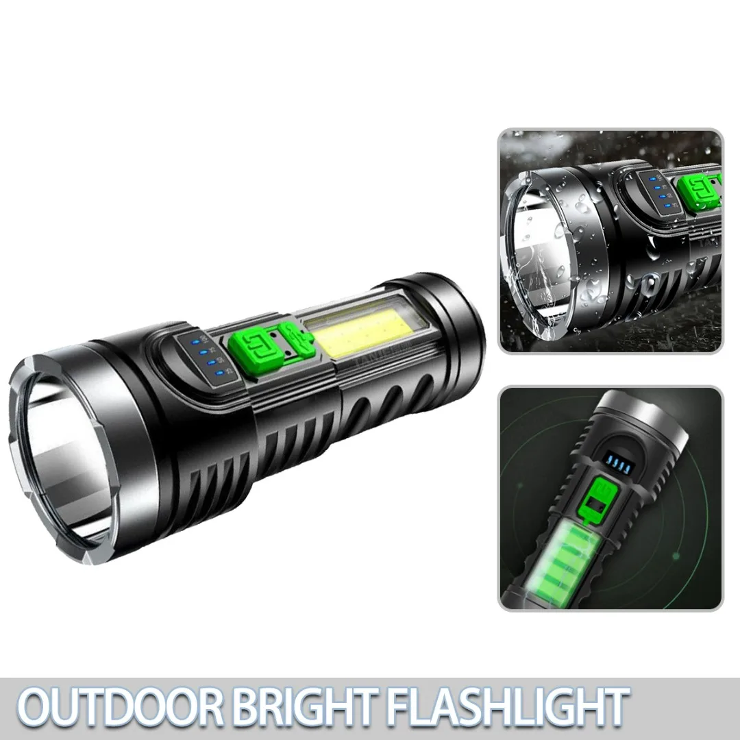 

1pc USB Rechargeable Flashlight 4 Modes LED Super Bright Torch With Built-in Battery Waterproof COB Sidelight Camping Lantern