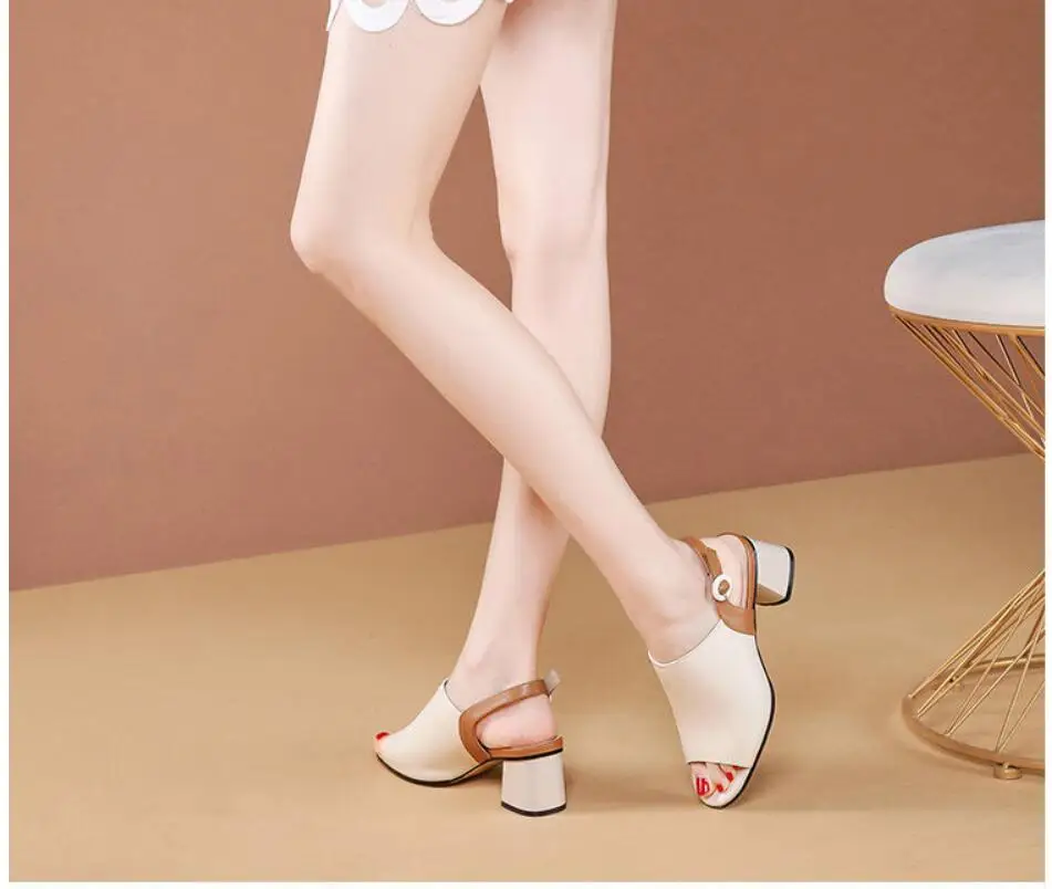 Women Shoes Genuine Leather High Heels Open Toe Back Strap Black Write Office Ladies Fashion Plus Size Summer Party Shoes