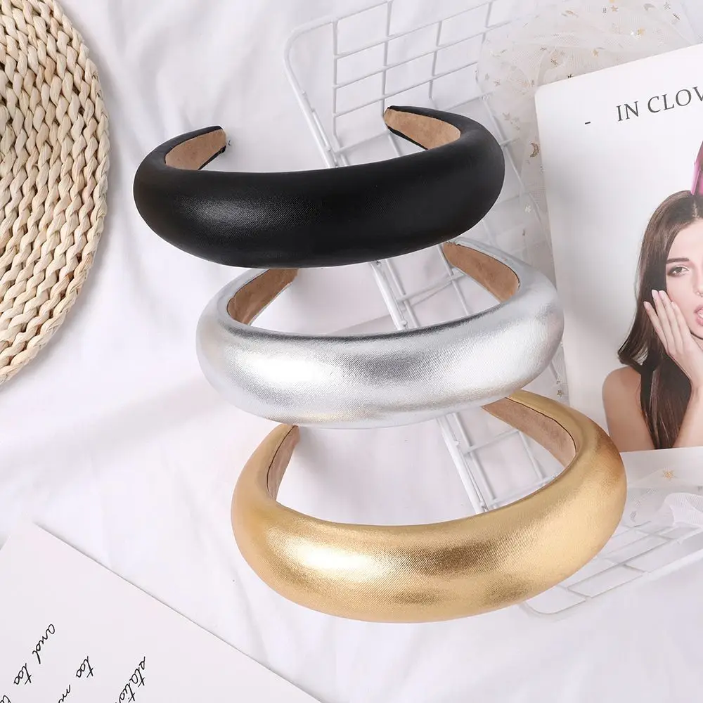 

Retro Fashion Sponge Solid Color Wide Vintage Pu Leather Sweet Hair Hoop Women Headband Korean Style Hair Hoop