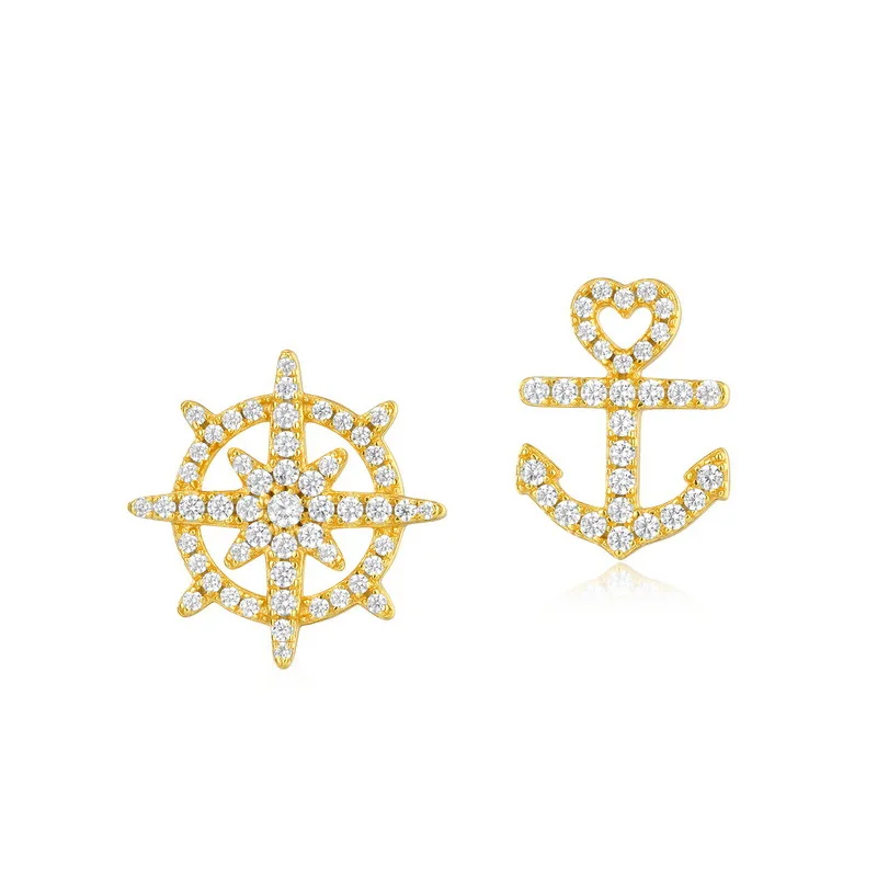 

Luxury Asymmetric S925 Sterling Silver Anchor Zircon Stud Earrings for Women High Quality Fine Jewelry Party Earrings Girl Gift