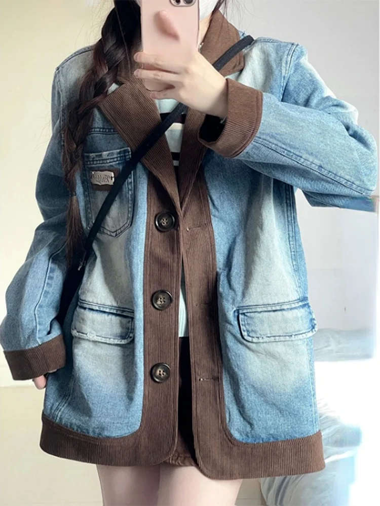 

Женская джинсовая куртка Y2k в стиле пэчворк, Весенняя корейская мода контрастных цветов, винтажный кардиган в стиле преппи, куртки