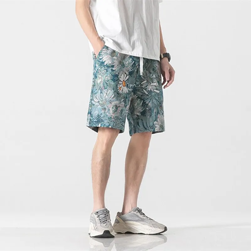 New tide brand retro floral full print embroidery casual shorts men's and women's ins street trend personality beach mid pants