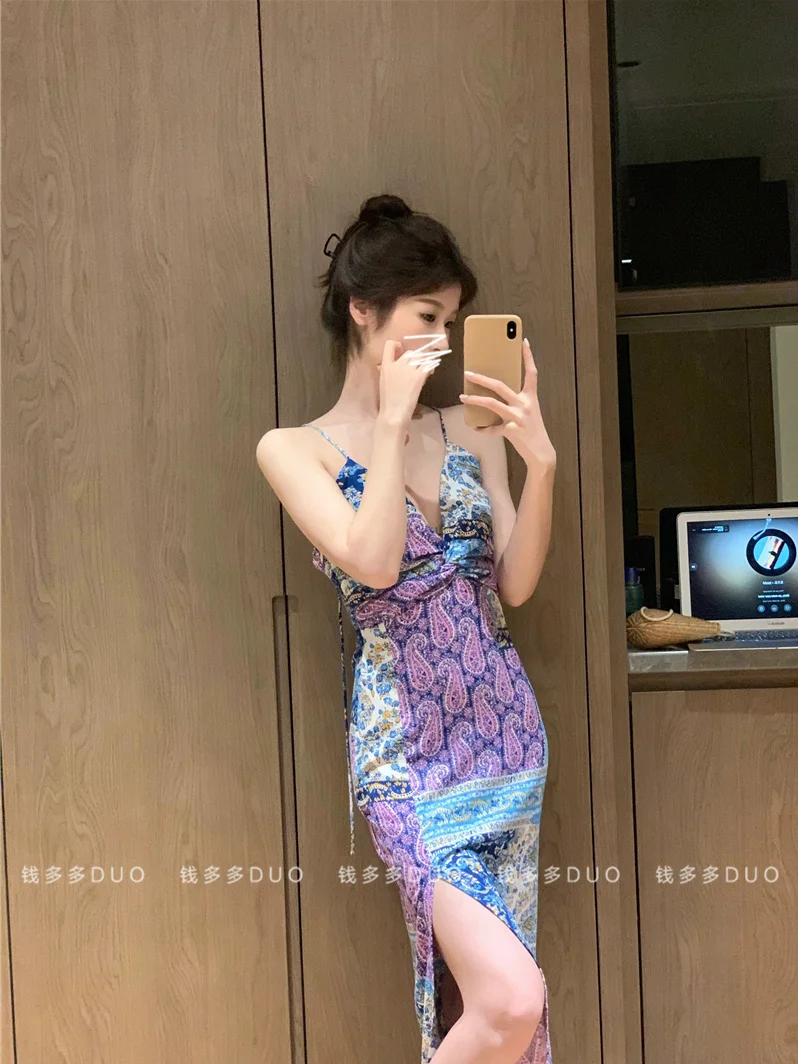 

Long Dress Summer WOMENGAGA Hot Girls High Waist Tight American Retro Sexy V-neck Slip Beach Dresses Fashion 2023 New ENU0