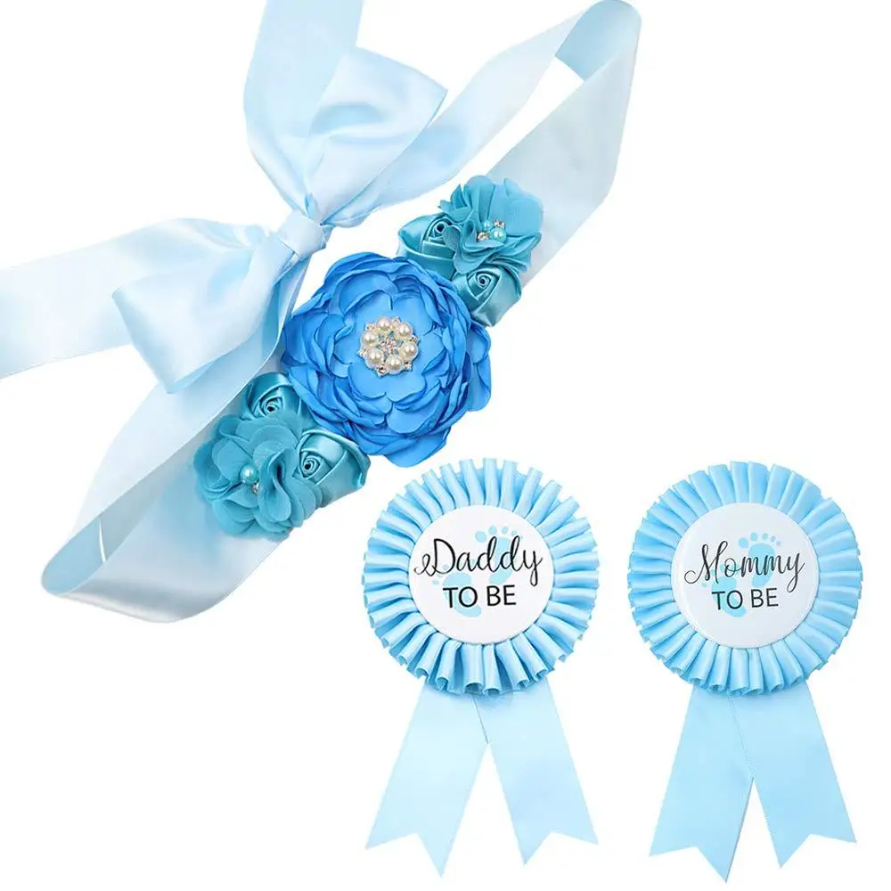 

Gender Reveal Party Supplies Baby Shower Maternity Sash Belly Belt Mom to Be Mommy Dad Button Pin Pregnancy Flower Sash Belt