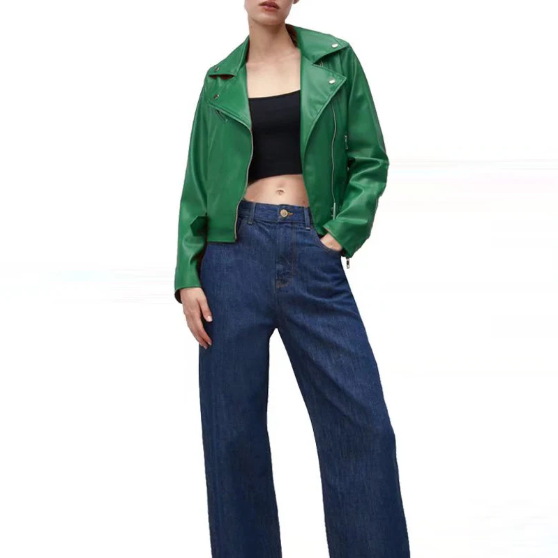 Turquois Women's spring fall leather jacket Korean style Short Zipper motorcycle jacket PU coat Female Clothing 2022 INKEO 2O101