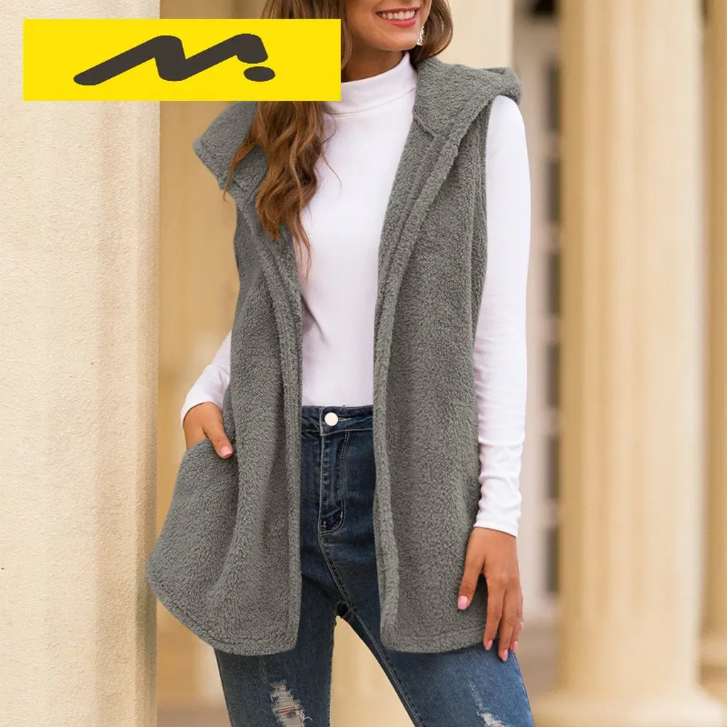 

Fluffly Vintage Plush Hooded Wastcoat Vest Coats Sleeveless Warm Outwear Teddy Cozy Jacket Fashion Women Autumn Winter