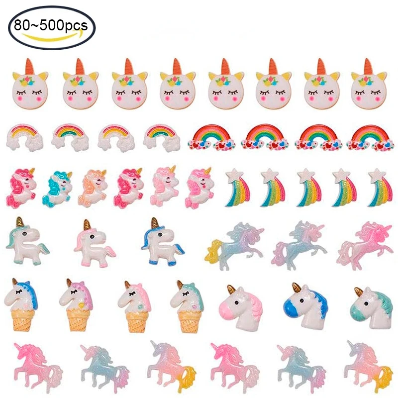 

80PC Unicorn Resin Cabochon Charms Resin Flatback Charms Mixed Beads for DIY Jewelry Making