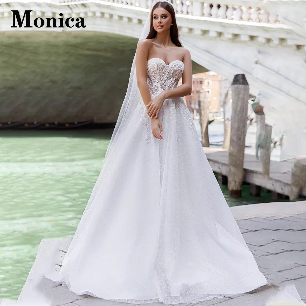 

MONICA Glitter Sweetheart Sleeveless Bead Wedding Dresses For Women Floral Print Tulle Customised Vestidos De Novia Pleat A-Line