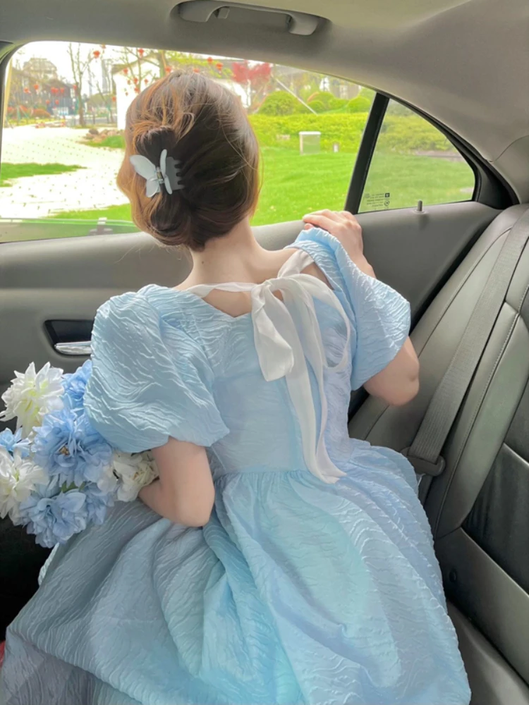 

Женское платье миди с пышными рукавами, Элегантное синее платье во французском стиле для вечеринки, женское милое сказочное платье, корейск...