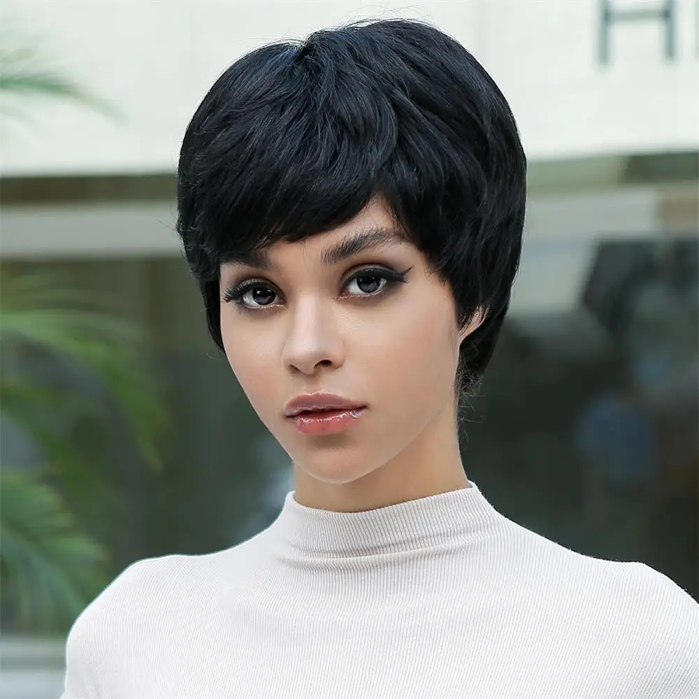 Парик из натуральных волос с челкой черный короткий парик прямой волосы вырезами
