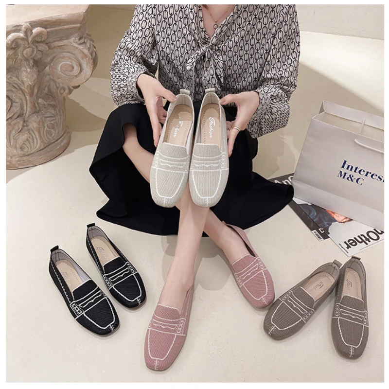 Women Flats Pumps knitting Fabric Breathable Soft Sole loafers Female Leisure Shoes Fashion Slip-on Egg Roll Shoes for Woman