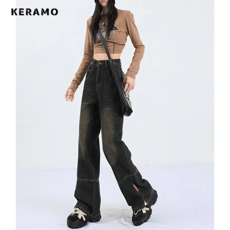 Винтажные синие прямые джинсовые брюки с высокой талией в уличном стиле осень 2023