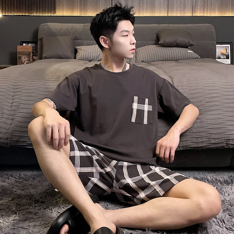 Men Summer Pyjama Set Cotton Soft Comfortable Striped Teen Pocket Lounge Plaid Home Sleepwear 2 Pieces Broadcloth
