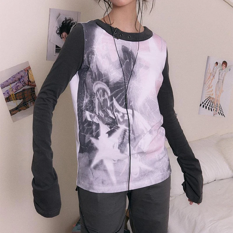 

Y2k гранж Винтажная Футболка с принтом, с длинным рукавом, Готическая графическая футболка в стиле преппи, Женский японский укороченный топ в стиле Харадзюку