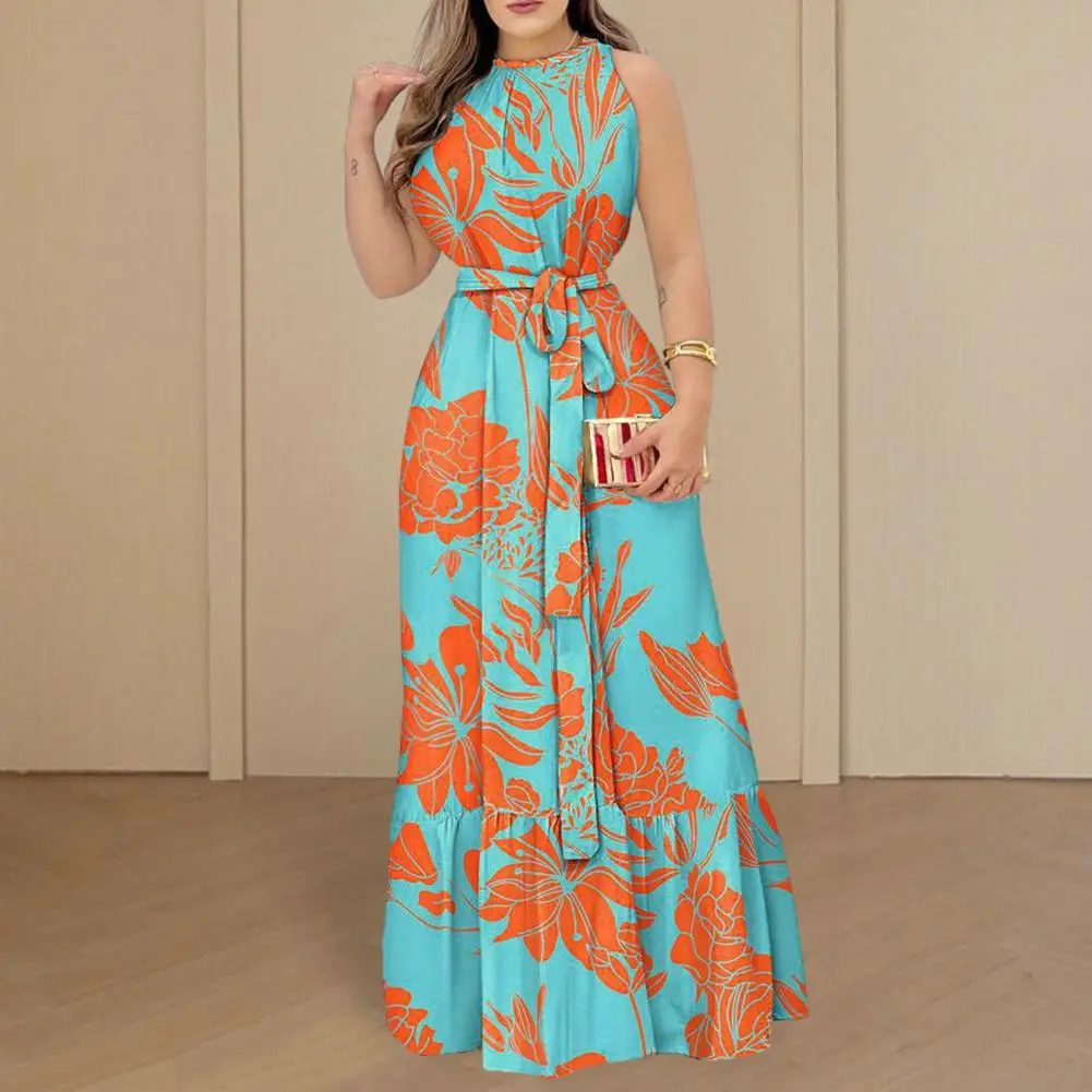 

Женское летнее платье макси без рукавов с круглым вырезом, модное свободное платье с поясом и принтом, длинное женское платье с оборками на подоле, уличная одежда