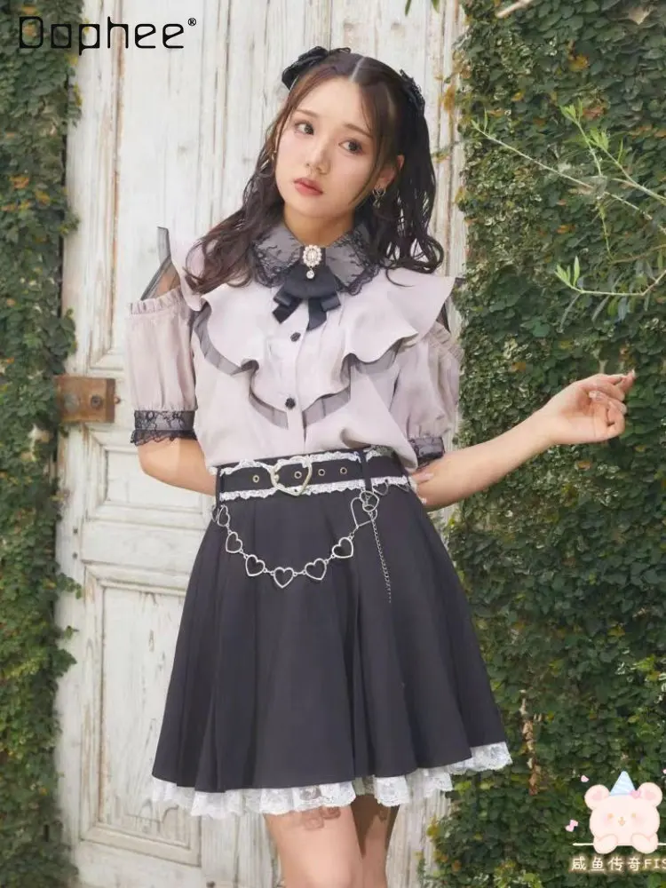 

2023 Summer New Arrival Rojita Sweet Pink Ruffles Lace Stitching Shirt Lolita Brooch Bow Lace Stitching Short Sleeve Blouses