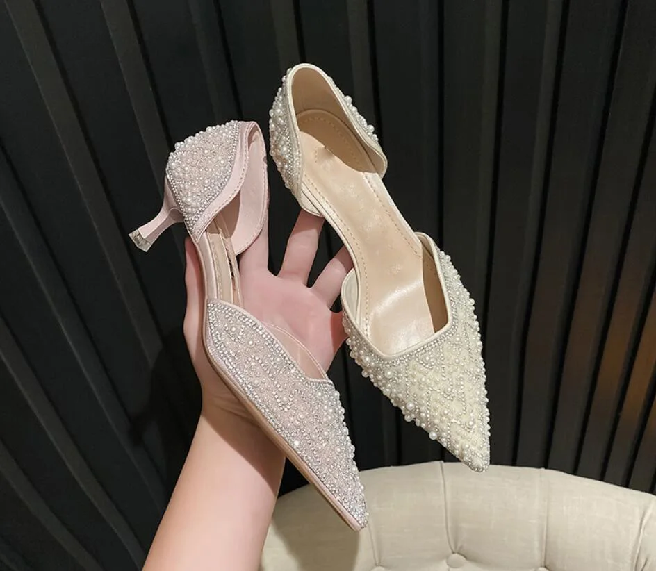 

Туфли-лодочки женские на высоком каблуке 5 см, элегантные кожаные, без застежки, заостренный носок, с жемчугом, со шнуровкой из бисера, удобная Свадебная обувь
